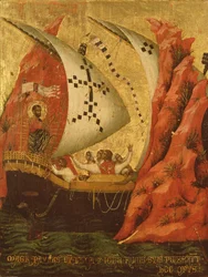 Landschaft mit Figuren in einem Boot